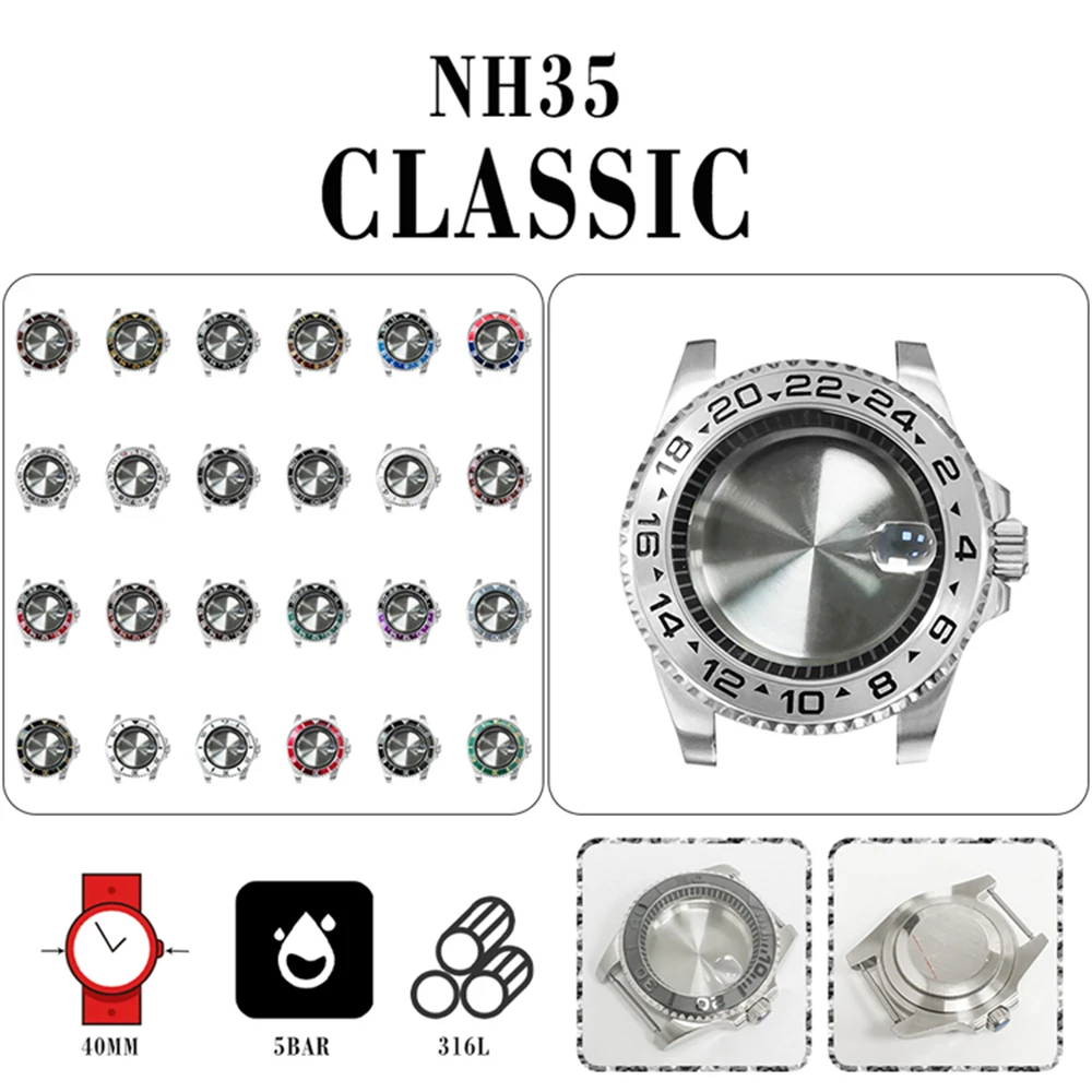 

316L Sealed Bottom 40mm Case + Black Inner Ring + Sapphire Magnifying Glass Dual Color GMT SUB Bezel For Japan NH35/NH36