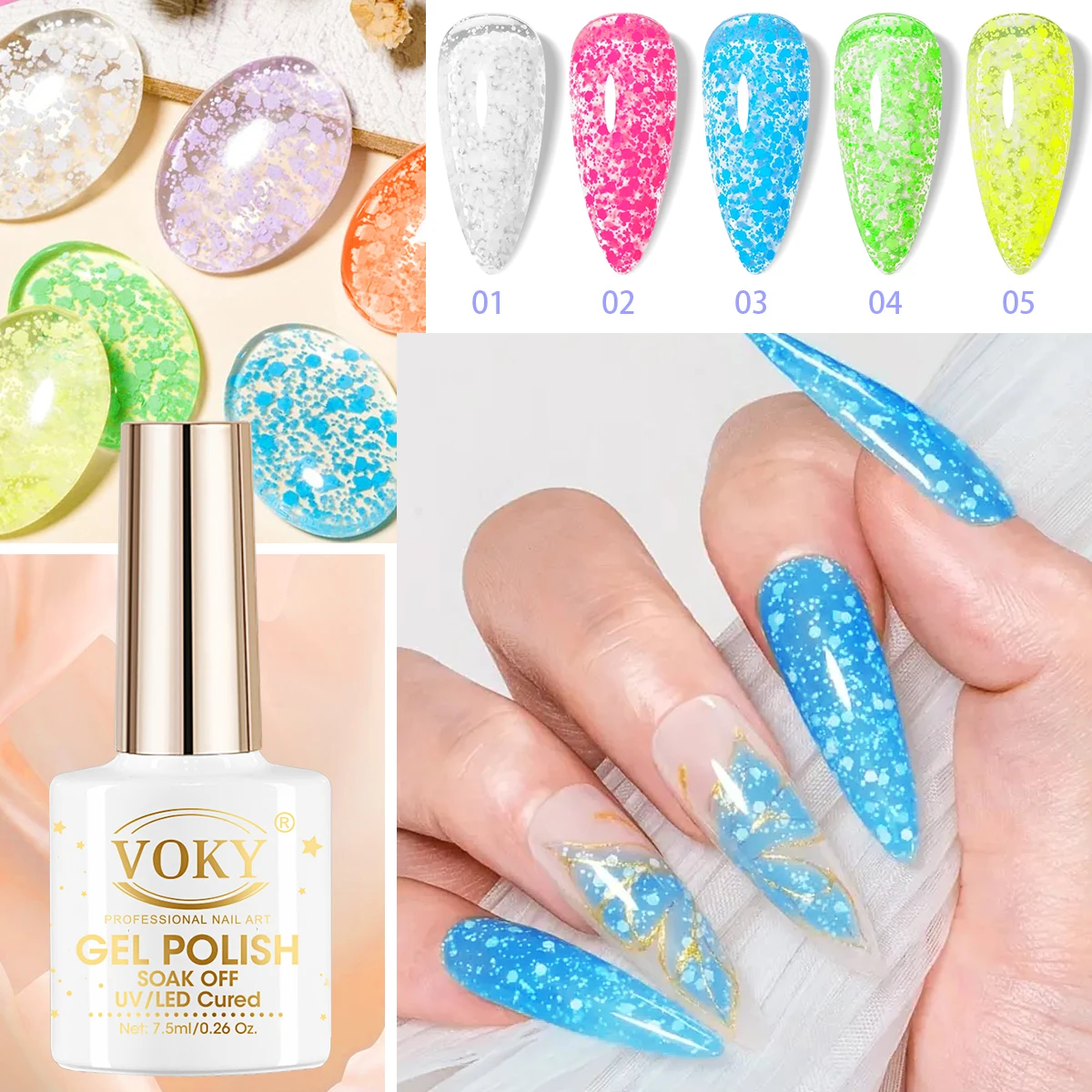 

VOKY 5pc Cheese gel Nail Glue Eight Color Transparent Pink Quail gel nail polish Top Coat Design Nail Enhancement Semi permanent