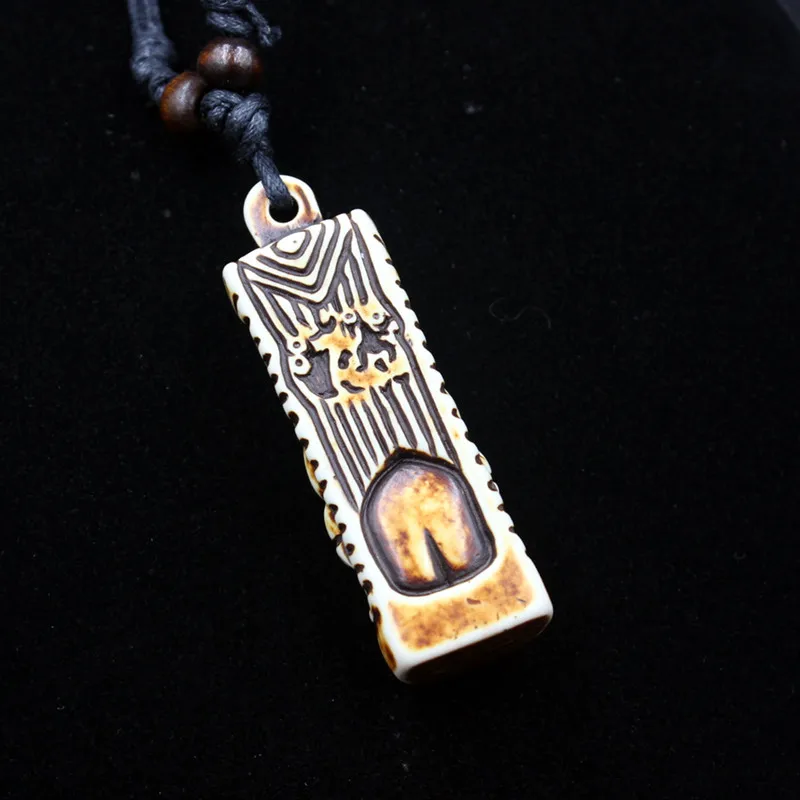 Tiki Totem Column Necklace (2 Colors) - Resin Carved Pendant, Adjustable Cord Unisex Tribal Jewelry