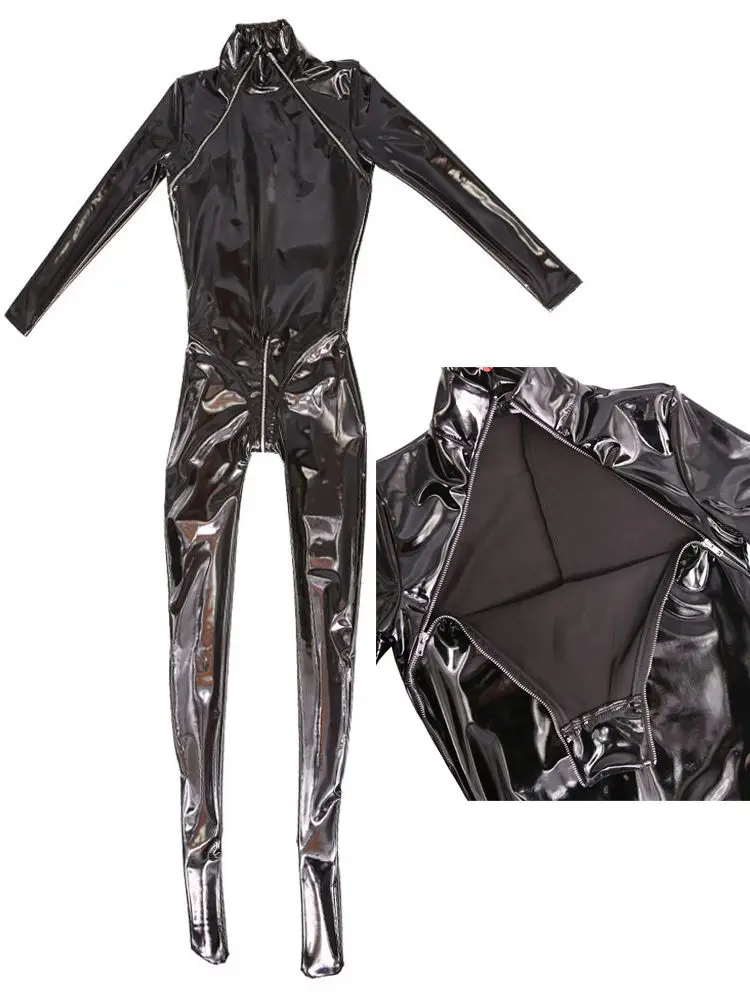 Wet Look PVC Catsuit Long Sleeve Shiny PU Leather Zipper Open Crotch Bodysuit Tight Cosplay Leotard Conjoined Sexy Jumpsuit Body