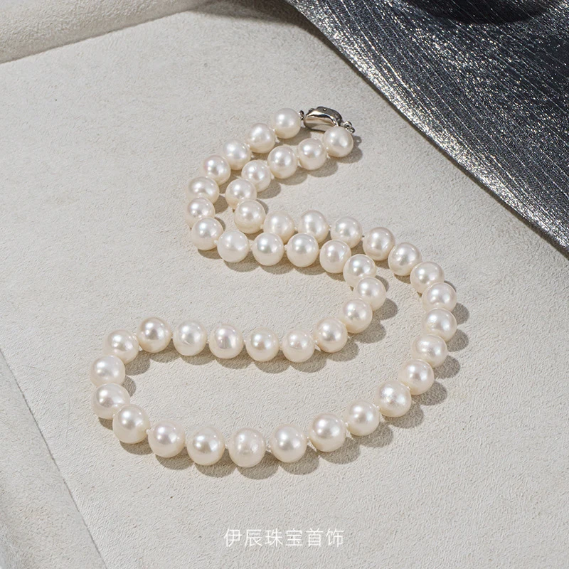 9-10mm natural freshwater pearl necklace women, near-round, high-luster choker collarbone chain
