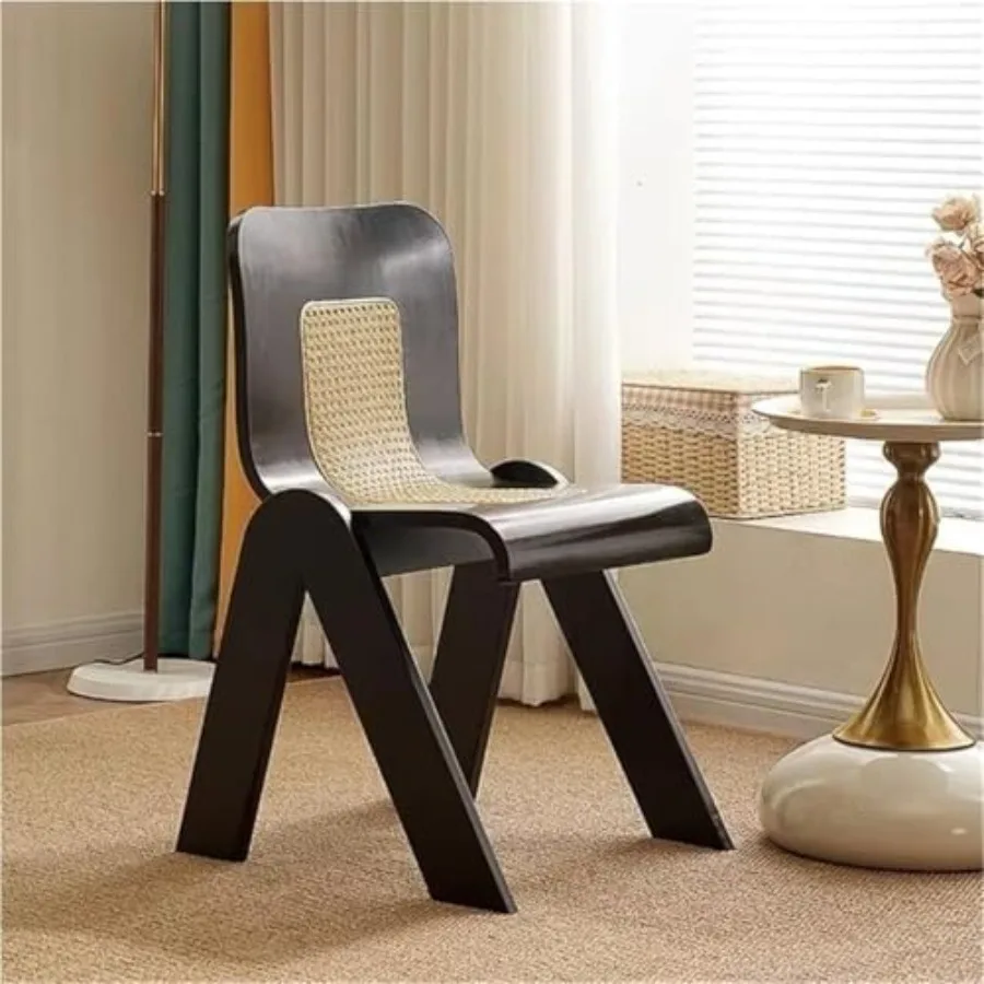

Mid-Century Rattan Dining Chair Wooden Chair with Back Lounge Chairs Makeup Vanity Stool for Kitchen Living Room Heavy Duty Bla