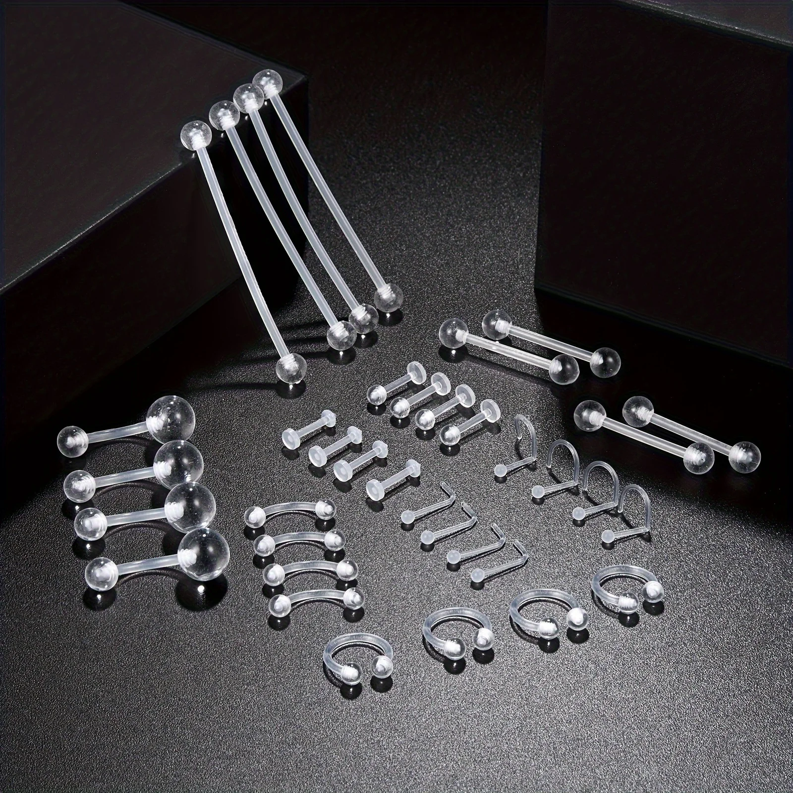 36pcs Piercing Kit Retainers Plastic Industrial Barbell Eyebrow Lip Nose Ring Acrylic Daith Labret L Shaped Clear