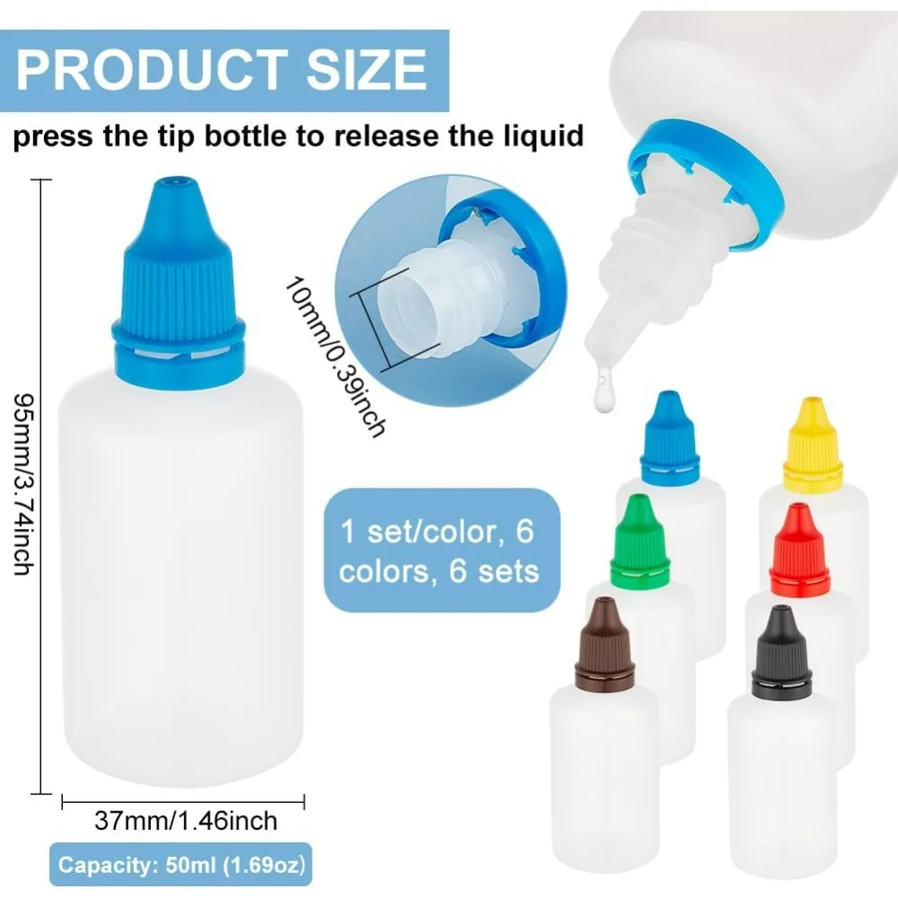 6 Colors 50ml/1.69oz Plastic Empty Dropper Bottle, Empty Bingo Daubers Pointed Mouth Top Cap Refillable Empty Bottles for Art