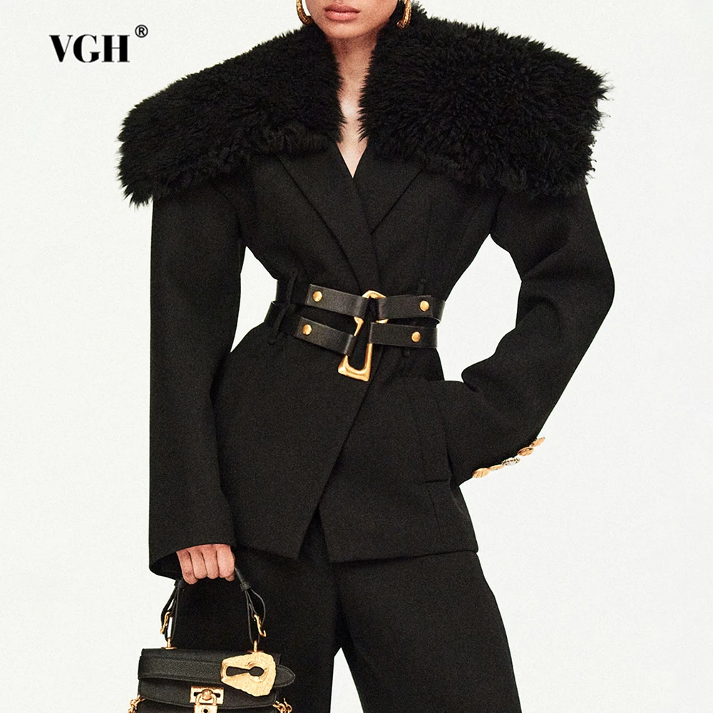 

VGH Luxury solid Slimming Coat for Women Detachable fur collar Long Sleee Patchwork Sashes Temperament Jackets Female autumn