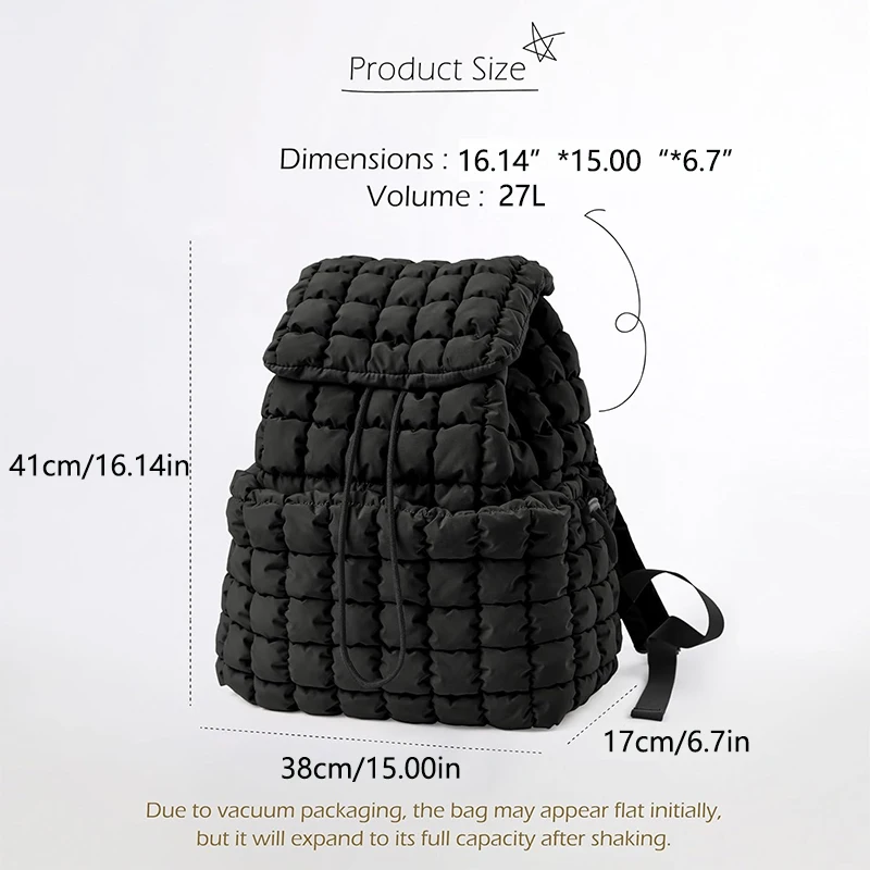 Quilted Backpack for Women Lightweight Puffer Casual Daypack Hiker Pack Top Flap Drawstring Padding Gym Hiker Travel Bag