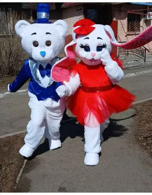 

Disney Cute Adult White Rabbit Mascot Costume Blue Dress for Wedding Birthday Halloween Christmas Events