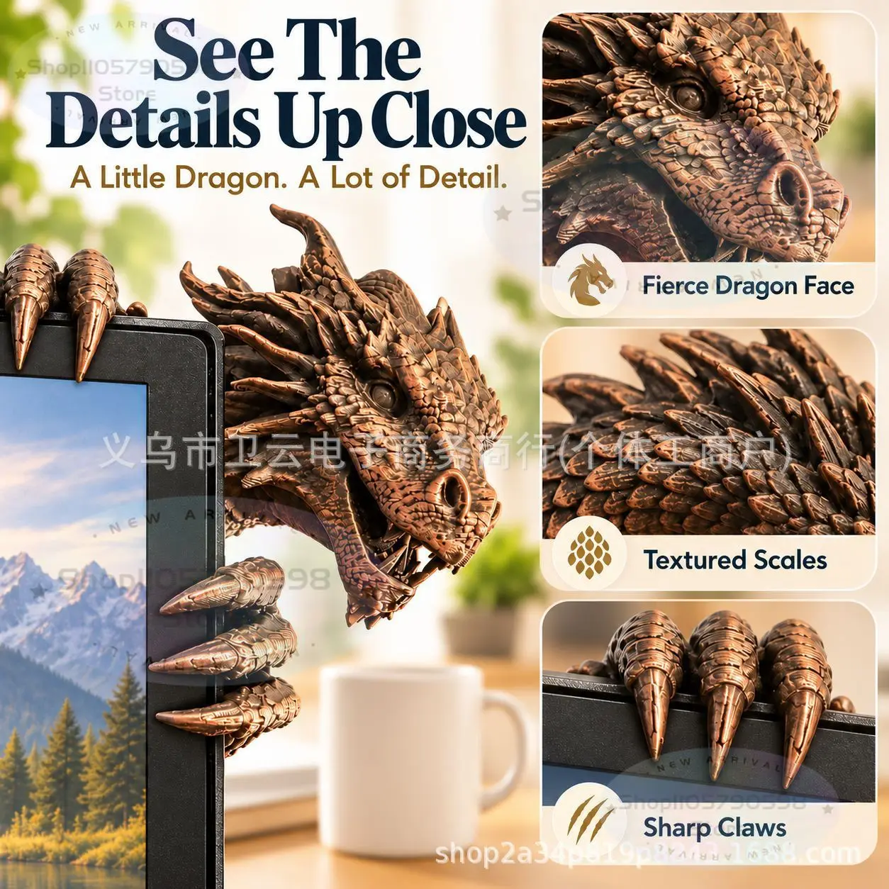 Dragon Monitor Buddy 3D Printed Mythical Creature Ornament with Claws,Clip-On Computer Screen Decor for Gaming Setup