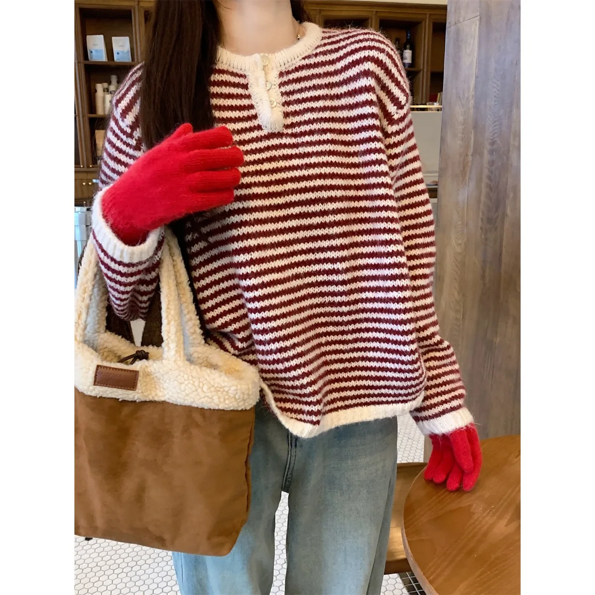 Women's Autumn Winter Thiened Casual round Ne Sweater Knitted Inner Wear Stripe Pattern Versatile Comfortable Loose Fit