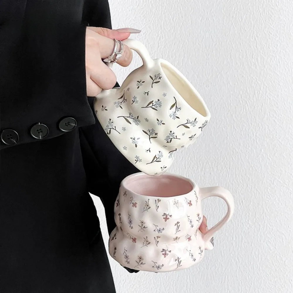 French Retro Water Cup for Girls High Beauty Flowers Couple Cup Broken Flower Ceramic Mug Household Milk Coffee Cup