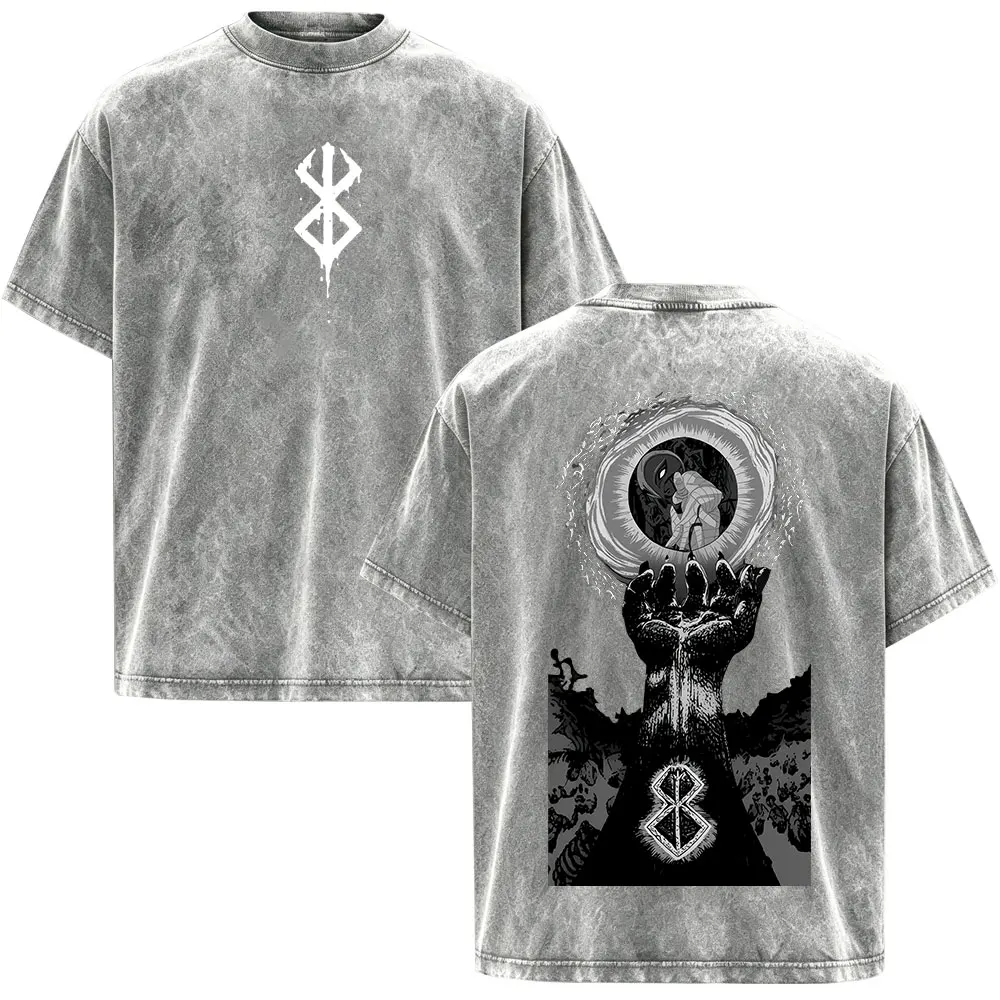 Anime Berserk Guts Griffith Vintage Washed T-shirts Men Women Clothing Cotton Casual Oversized Short Sleeve T-Shirt Streetwear