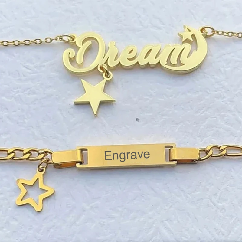 Custom Engrave Children's Name Bracelet 35cm Necklace Stainless Steel Jewelry Sets for Kids Baby Personlized Star Birthday Gift