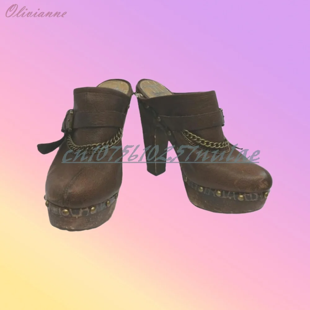 Braune Metallkette Dekor Schnalle Gürtelriemen Hausschuhe Retro Chunky High Heel Party Elegante Dame Damenschuhe 2026 Sexy Para Mujere
