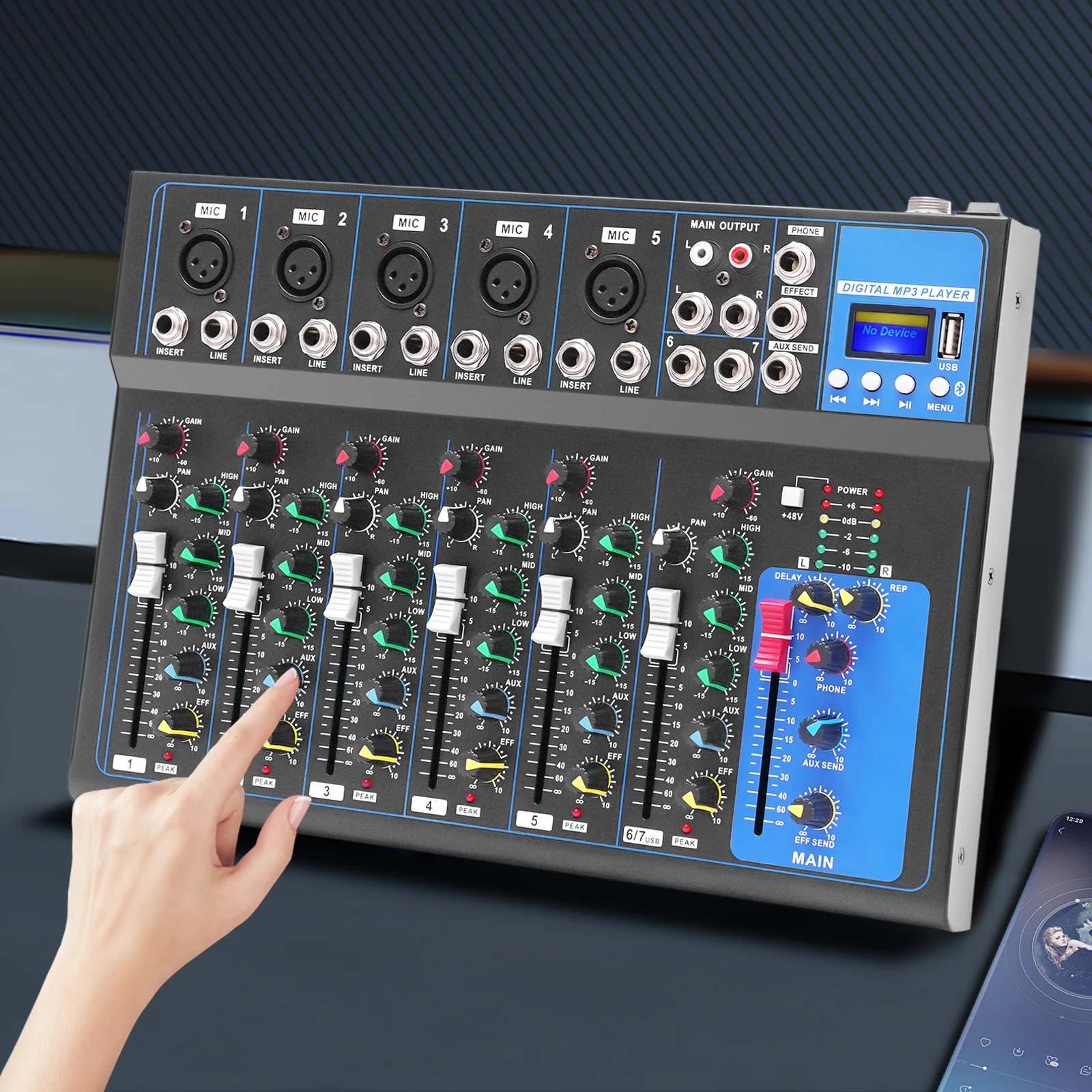

Портативный аудиомикшер Bluetooth, 7-канальная звуковая микшерная консоль с USB-разъемом для MP3, фантомным питанием 48В, устройство для обработки звука