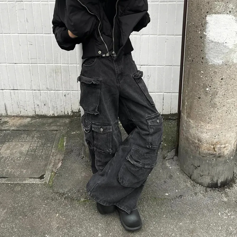2025 Winter New Men's Multi-Pocket Wide-Leg Jeans American Retro Fashion Trend Street Hip Hop Casual Loose Niche Men's Bottoms
