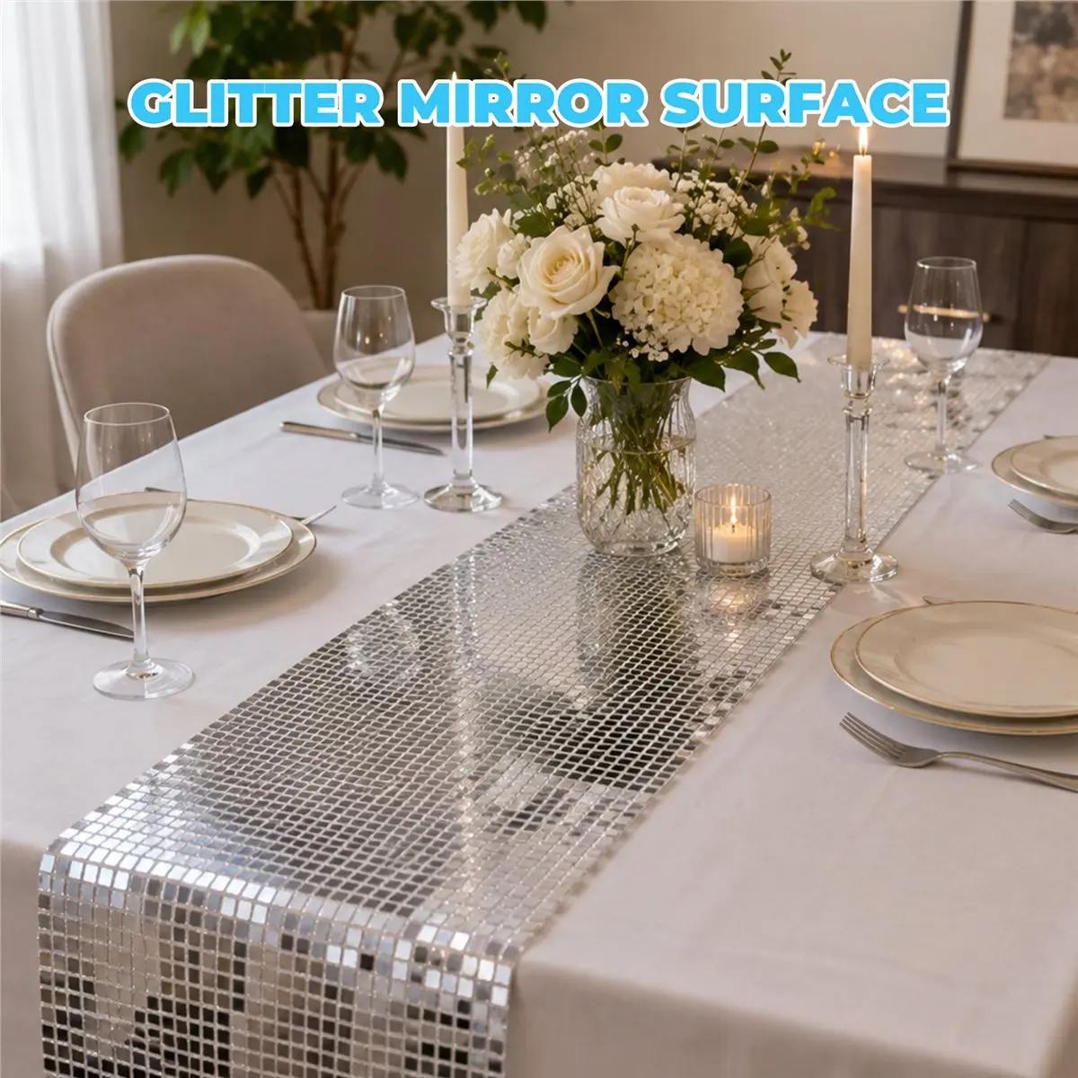 feelfeel Disco Party Table Runner Mirror Silver Foil Table Runner Glitter Metallic Table Cover for Disco Dance Party Wedding