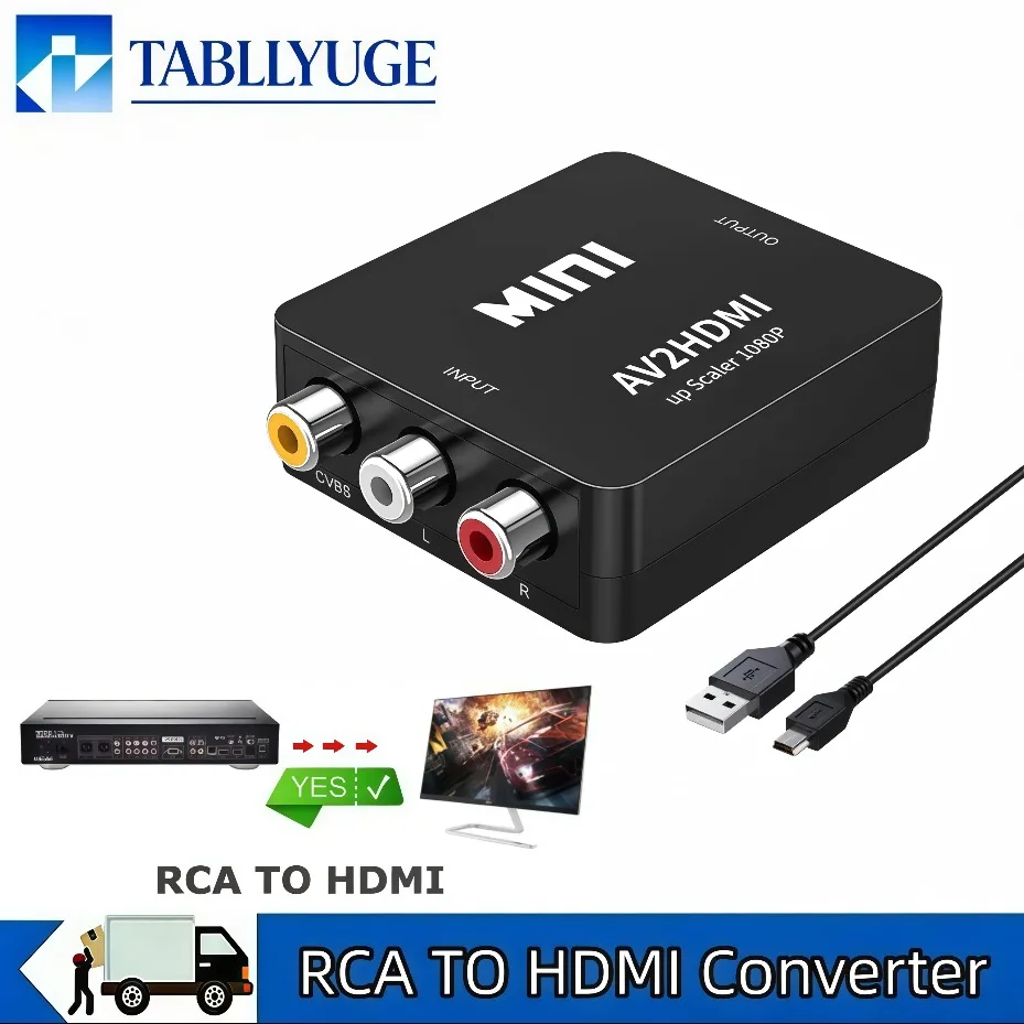 1080P RCA AV to HDMI-compatible Adapter CVBS AV2HD Audio Video Converter with USB Power Cable for TV Monitor Laptop