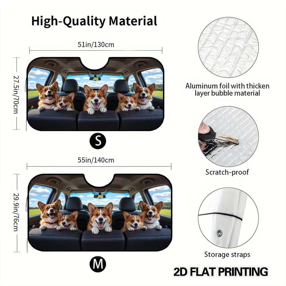 2D Flat Printing, 1pc Vibrant Corgis Road Trip Joy Print Car Windshield Sunshade, Great For Scenic Road Trips, Campsites, And Re