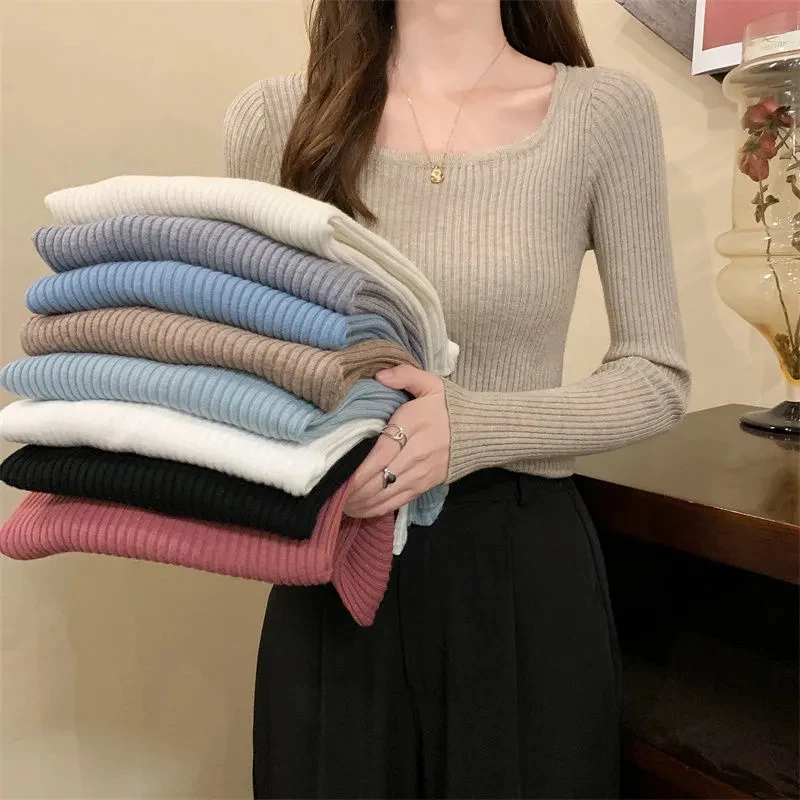 Lucyever 2022 Basic Square-neck Solid Pullover Women High Quality Slim Fit Casual Knitted Sweater Spring Long Sleeve Sweaters