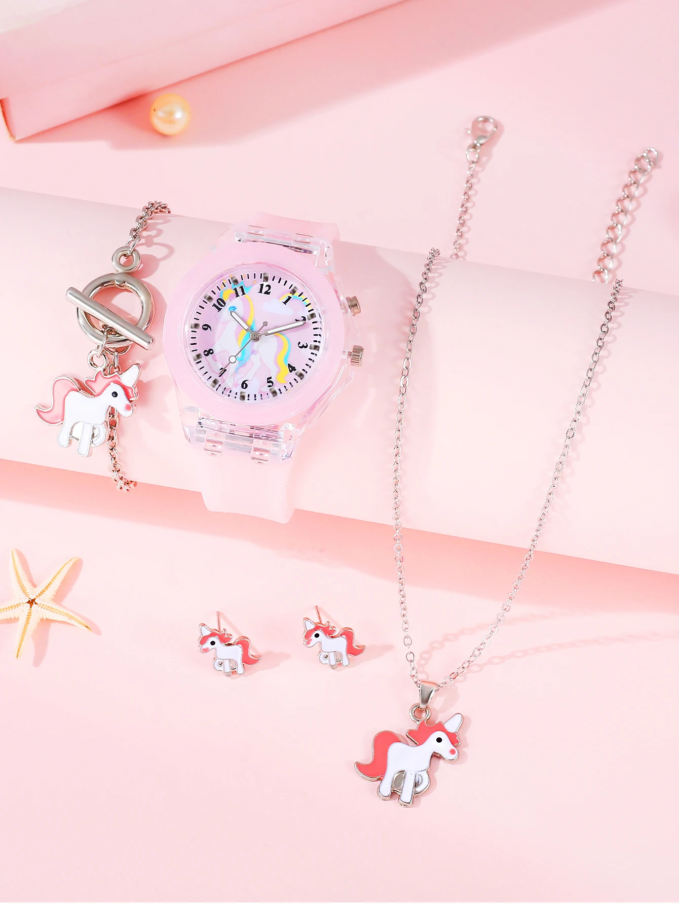 5PCS pink cute silicone Unicorn digital watch and unicorn bracelet sales Jewelry set l Gift no gift box