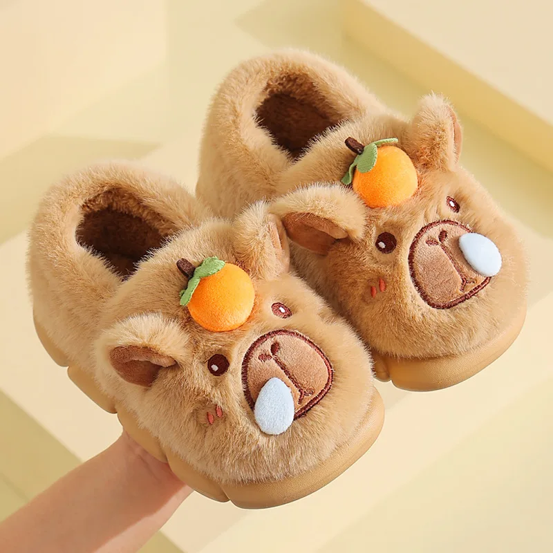 

Cute Capibala Fluffy Fur Children Indoor Slippers 2025 Winter Soft Thick Bottom Non Slip Home Slippers Child Cartoon Plush Slide