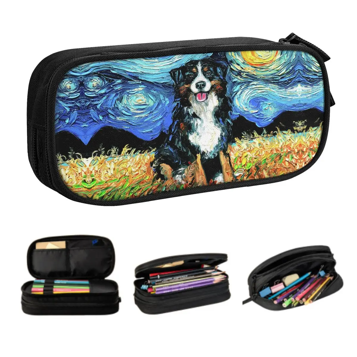 Custom Starry Night Bernese Mountain Dog Pencil Cases for Girls Boys Big Capacity Pet Puppy Pen Box Bag School Supplies
