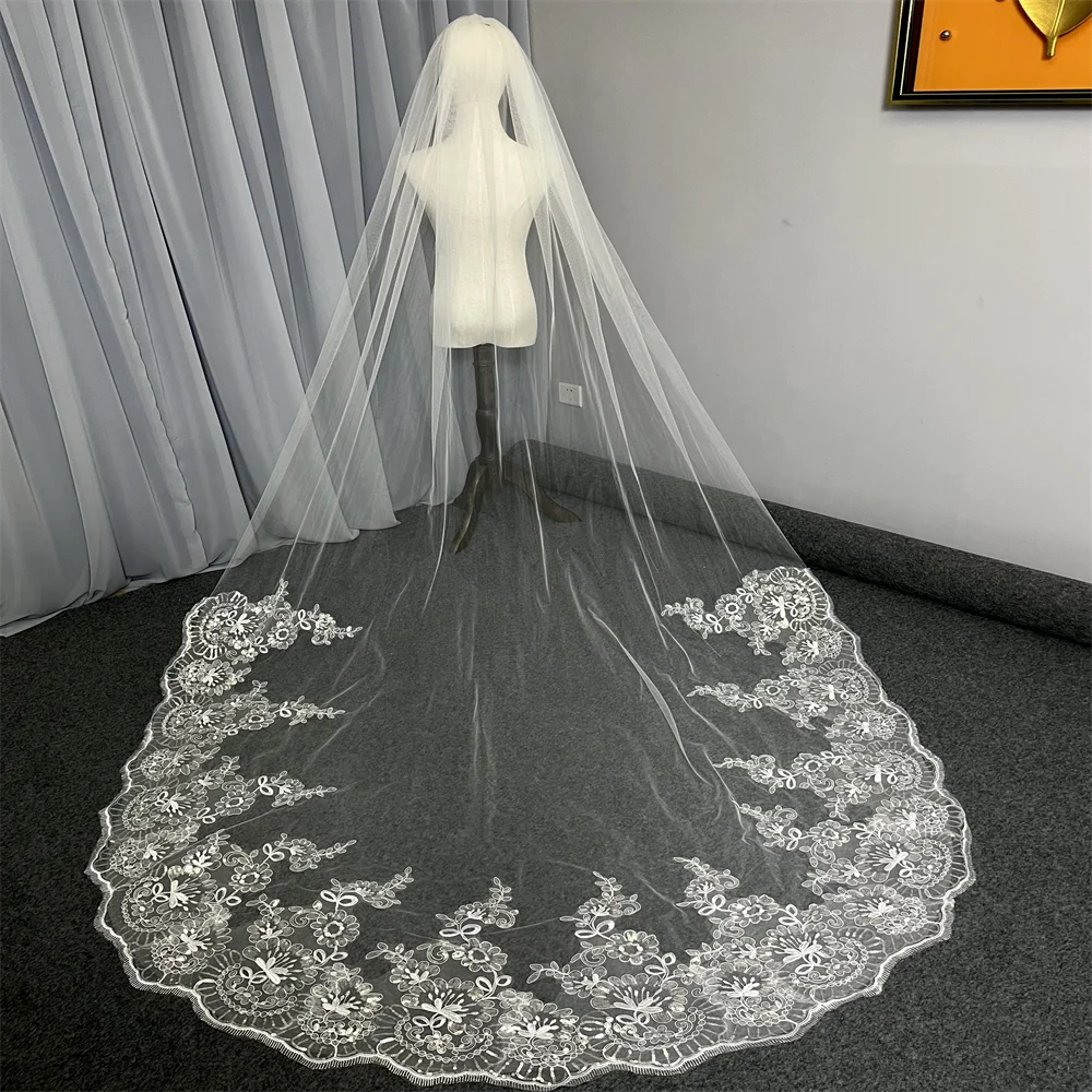 Velo de novia de una capa de encaje con lentejuelas, 3m/4m/5m, con peine, borde de encaje blanco, velo de novia con apliques de marfil, estilo catedral para novias