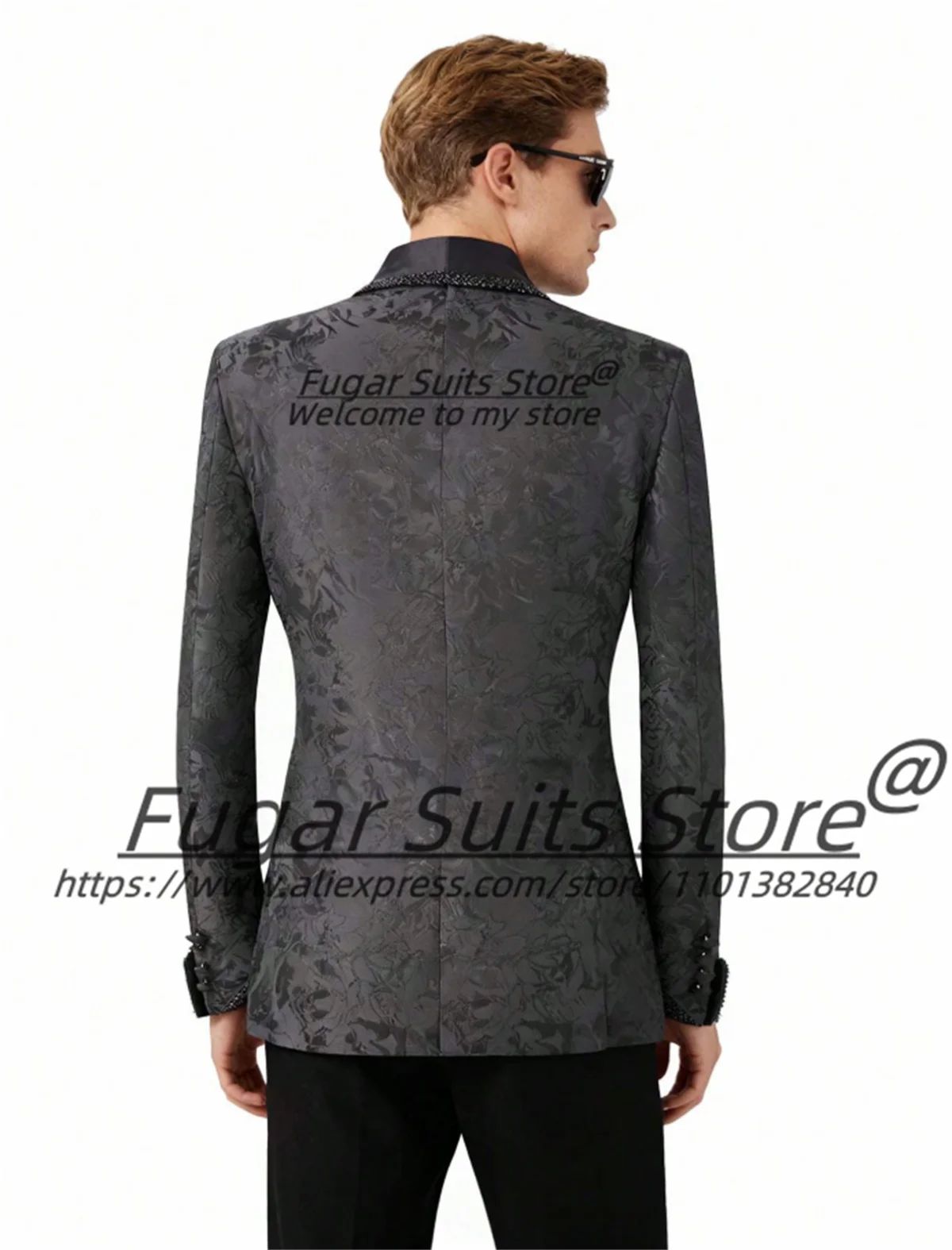 Luxuly Handsome Black Jacquard Shawl Lapel Men Suits Customized Shiny Beading Groom Wedding Tuxedos Male Prom Blazers 2 Pieces S