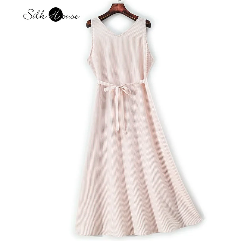 فضفاض 100% حرير التوت الطبيعي كريب دي تشاين الحد الأدنى الخامس الرقبة الوزن الثقيل بلا أكمام الدانتيل يصل حزام المرأة سترة فستان