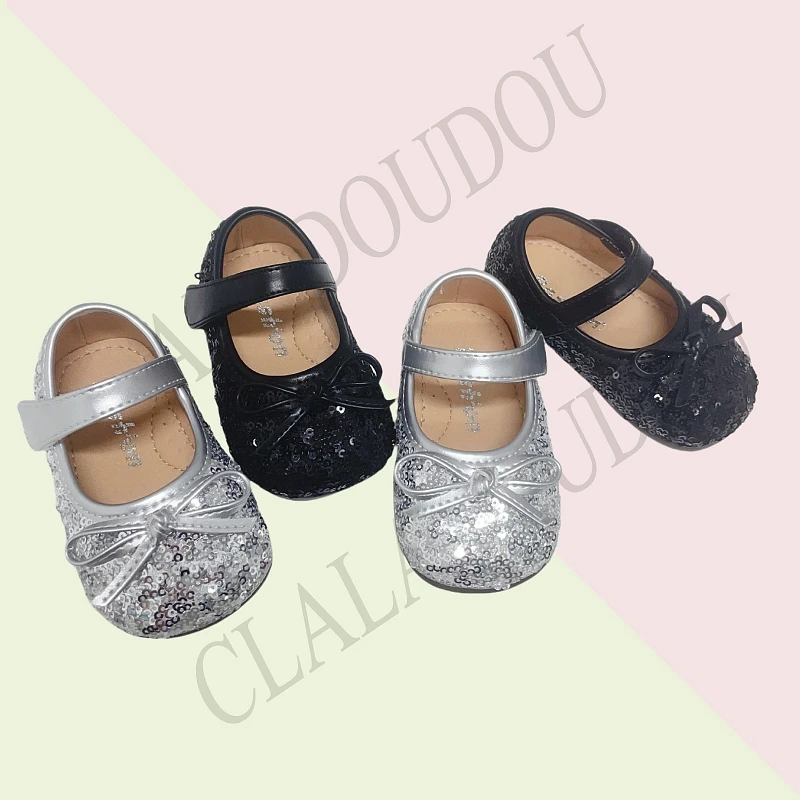 Claladoudou-zapatos planos de microfibra para bebé, calzado de vestir con lentejuelas ostentosas, con lazo, color negro y plateado, para otoño