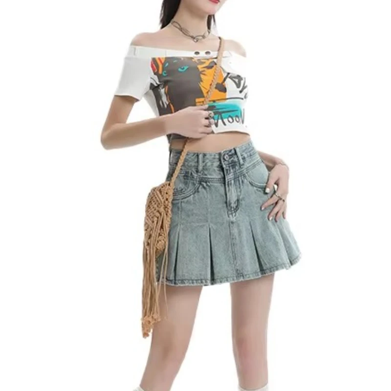 

New Summer Pleated Denim Short Skirt for Women Korean Style Pleated A-line Mini Denim Skirt Hot Selling for Women's Clothing