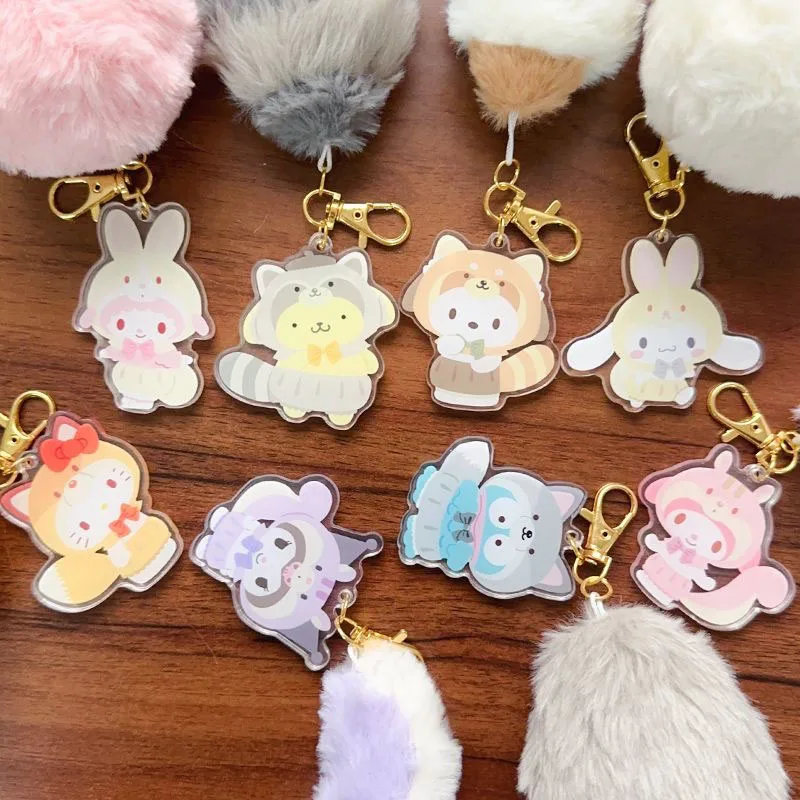 New Sanrio Hello Kitty Kuromi Cinnamoroll My Melody Keychain Cute Cartoon Cosplay Anime Plush Tail Bag Pendant Toy Kid Girl Gift