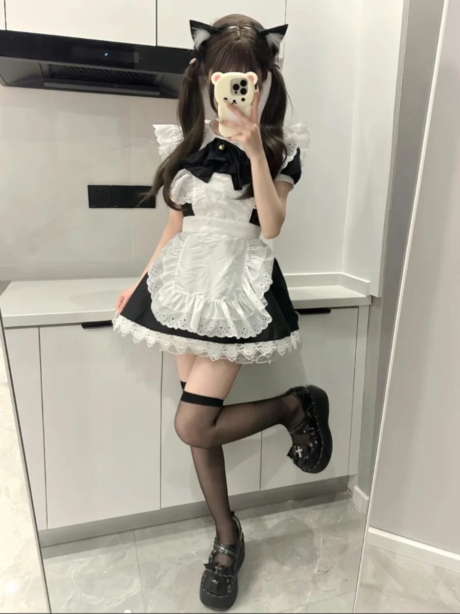

Cute Short Dress with Large Bowknot Girl's Maid Suit Lolita Soft Sister Cos Dog Dress Sweet Style Princess Skirt Short Sleeve