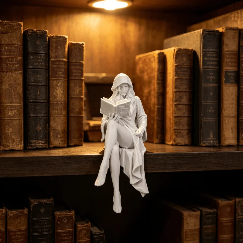 Reading Woman Resin Figurine, Hooded Lady Sitting Statue, White Sculpture Shelf Sitter Ornament, Modern Desktop Bookshelf