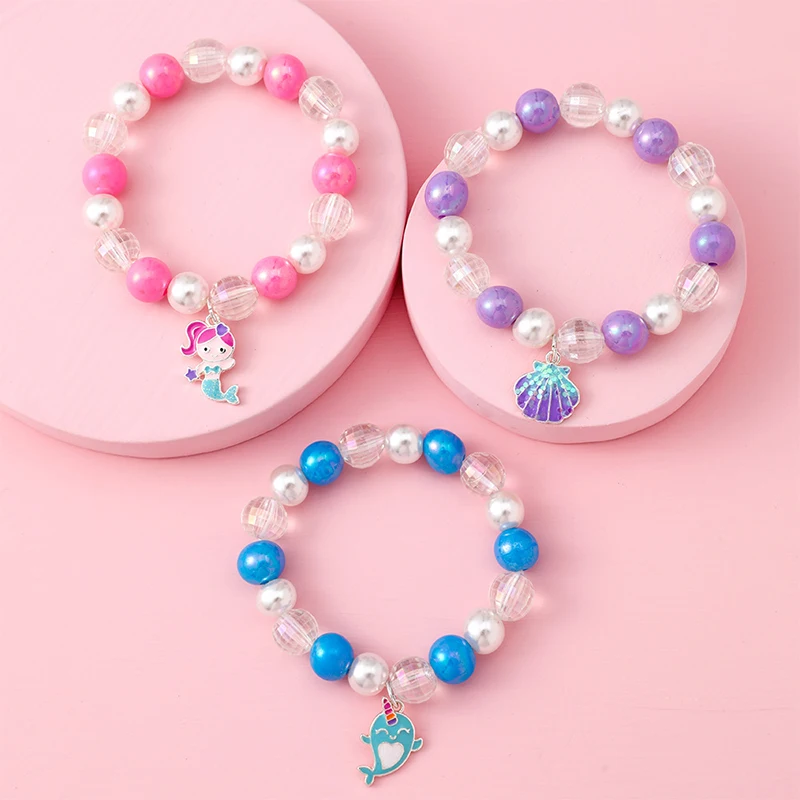 3Pcs/set Handmade Stretch Coloured Beaded Bracelets with Shell Mermaid Dolphin Charm for Women Girls Jewelry