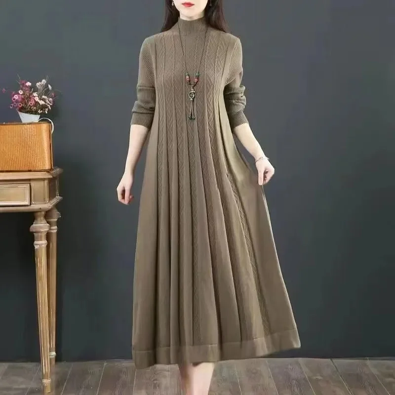 Autumn/Winter Women Knitted Dress 2025 New Solid Loose Pullover Half High Collar Long Knitted Sweater Dress Female High-Quality - Image 5