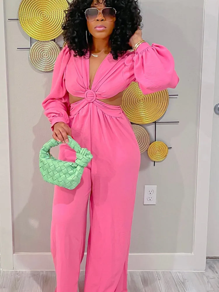 

Doyerl Solid Long Sleeve Rompers Womens Jumpsuit Fall Clothes Cut Out Backless V-neck One Piece Club Outfits Wide Leg Overalls