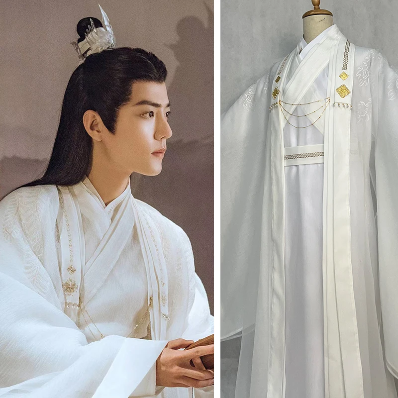 Hot Drama The Longest Promise Yu Gu Yao Actor Xiao Zhan White Elegant Immortal Scholar Master Wide Sleeve Cosplay Costume Hanfu