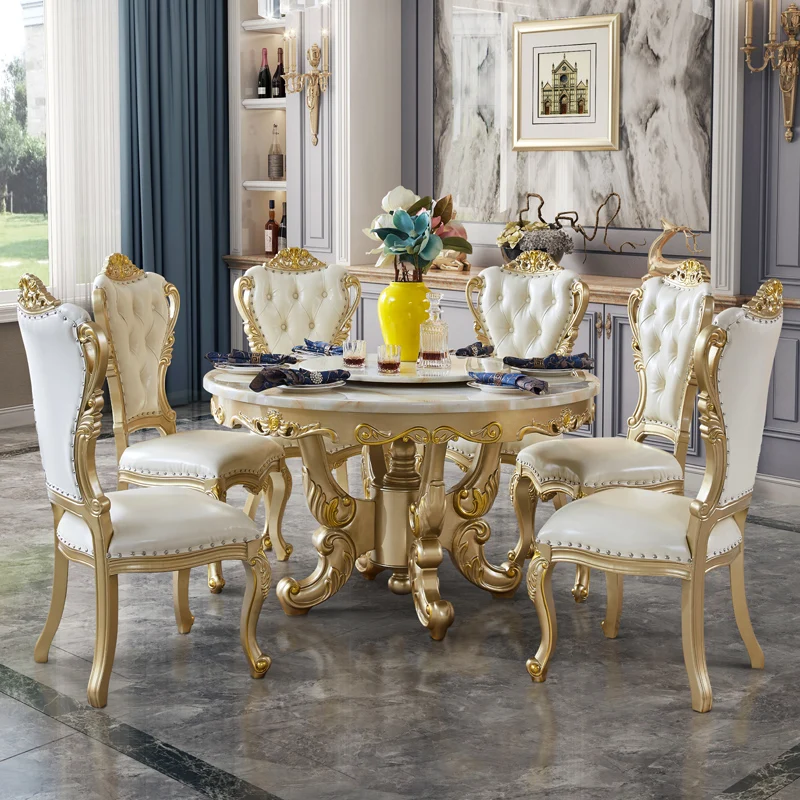 

European dining table American light luxury marble round table with turntable dining table and chair combination 6-person solid