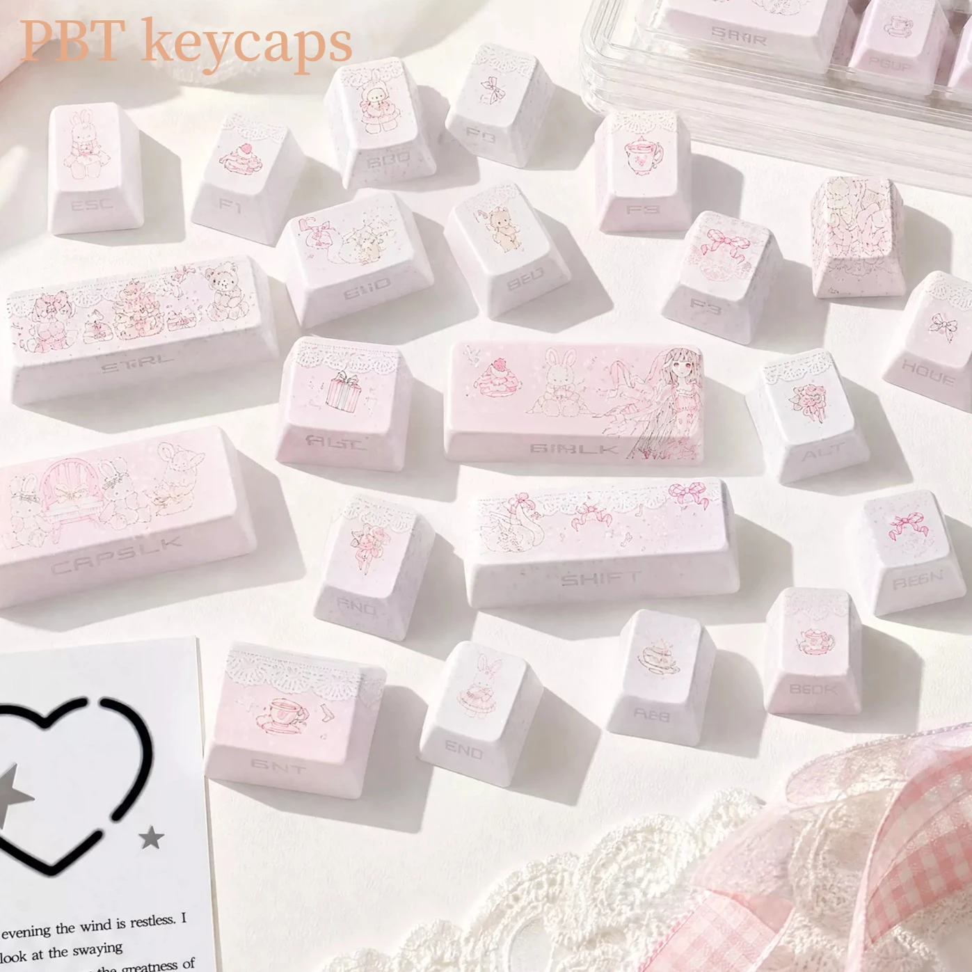Rabbit Bear Sweet Fluffy Themed Keycaps Set PBT Cherry Profile Side Carving Sublimation Custom Original Handmade Accessories