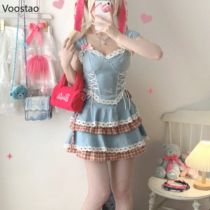 

Gothic Lolita Denim Skirt Set Women Fashion Bow Slim Bandage Lace Ruffles Tank Tops Mini Skirt Suit Female Y2k Party 2 Piece Set