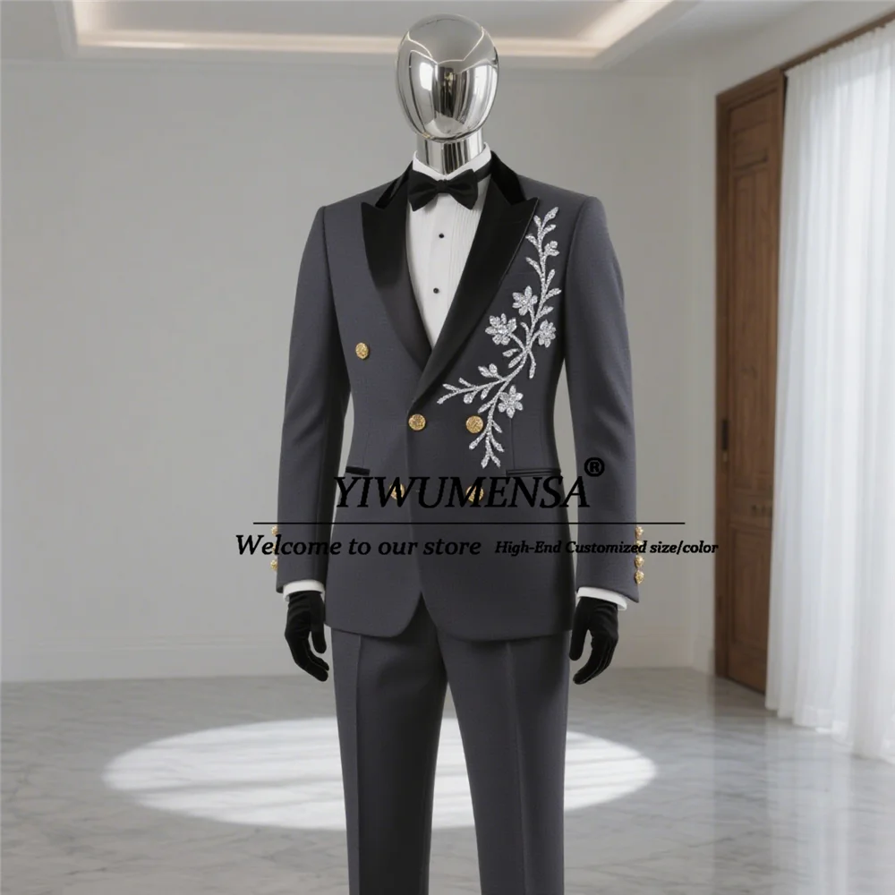 

Man Double Breasted Suits For Wedding Sliver Beaded Stones Prom Tuxedos Customized 2 Pieces Groom Blazers Outfit costumes hommes