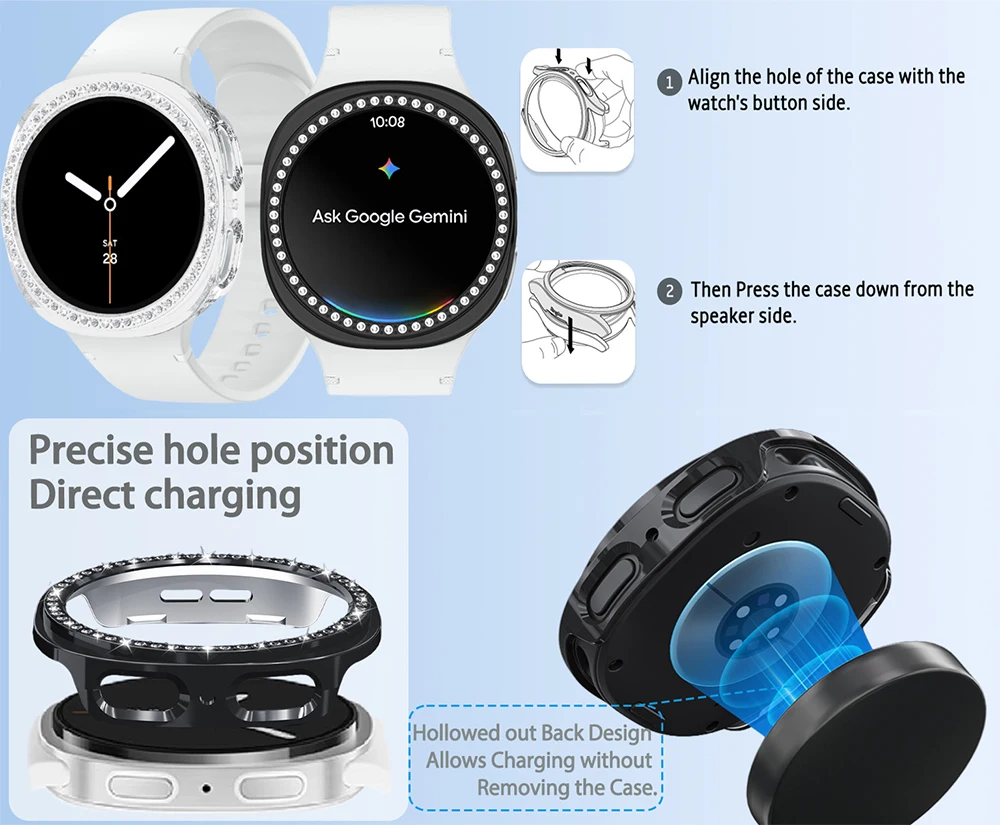 Diamant-Uhrengehäuse für Samsung Galaxy Watch 8 9 40/44mm, Ausgehöhltes Schutzgehäuse mit Funkelnden Strasssteinen, für Elegante Damen – Detail 2