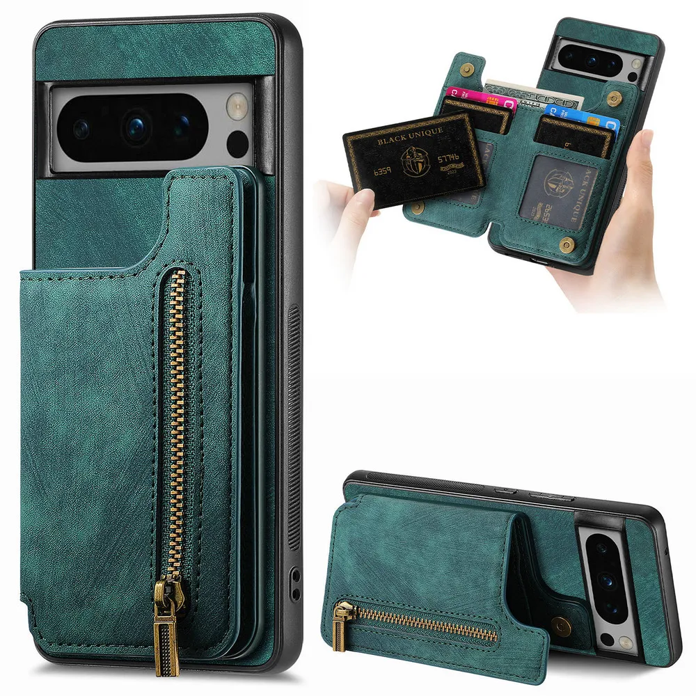 For Google Pixel 9 Pro XL 5G Zipper Wallet Case Pixel 8 Pro Leather Card Holder Back Cover Pixel 6 7 Pro 8A 7A 6A 9Pro Funda