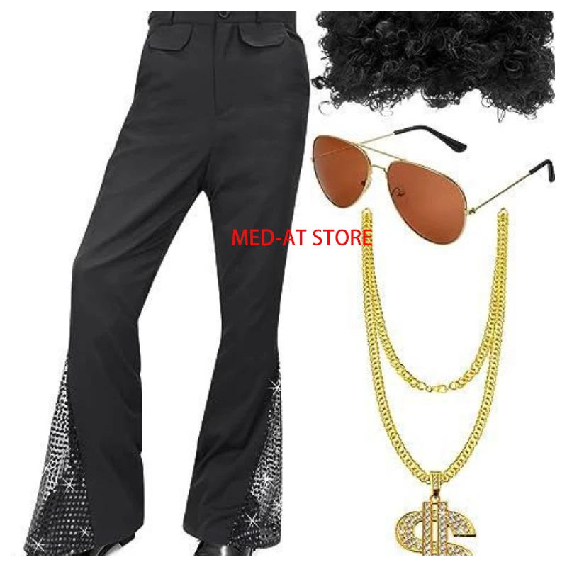 Men\'s 70s Disco Costume Sequin Bell Bottom Pants Mens Bootcut Trousers with Wig Sunglasses Disco Necklace for Party