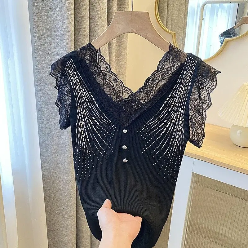 New Summer 2024 New Fashion Lace Lace Hot Diamond Inner Layer Vest Ice Silk Camisole Knitted Base Layer Top