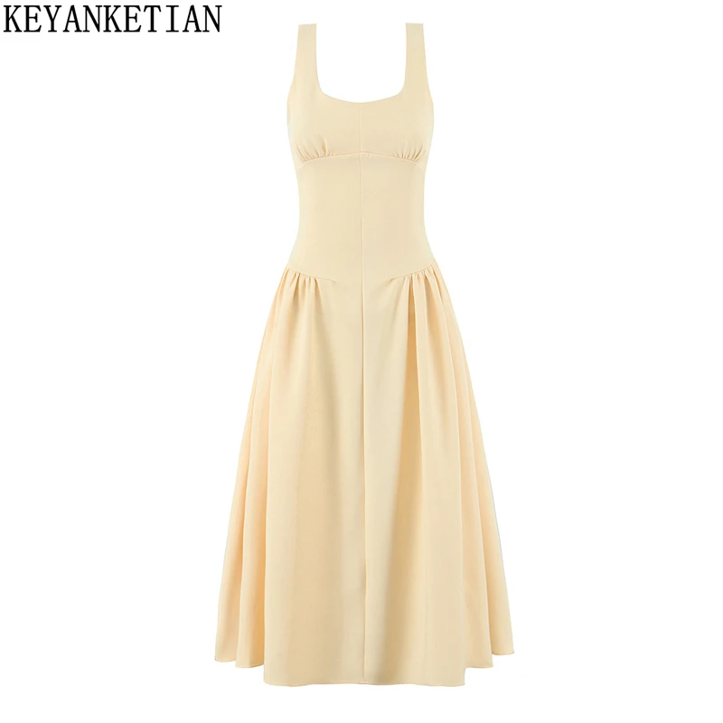 KEYANKETIAN 2025 New Women's Yellow Sleeveless MIDI Dress Simple style Elegant Side Zipper Slim A Line Ankle-Length Formal Dress
