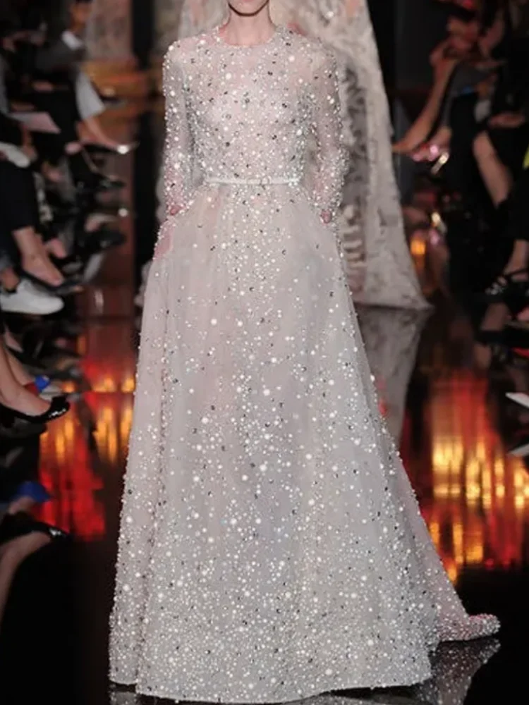 

O Neck Long Sleeve Prom Evening Dresses Gowns Beaded Rhinestones Pocket Long Celebrity Dresses birthday party gowns Customized