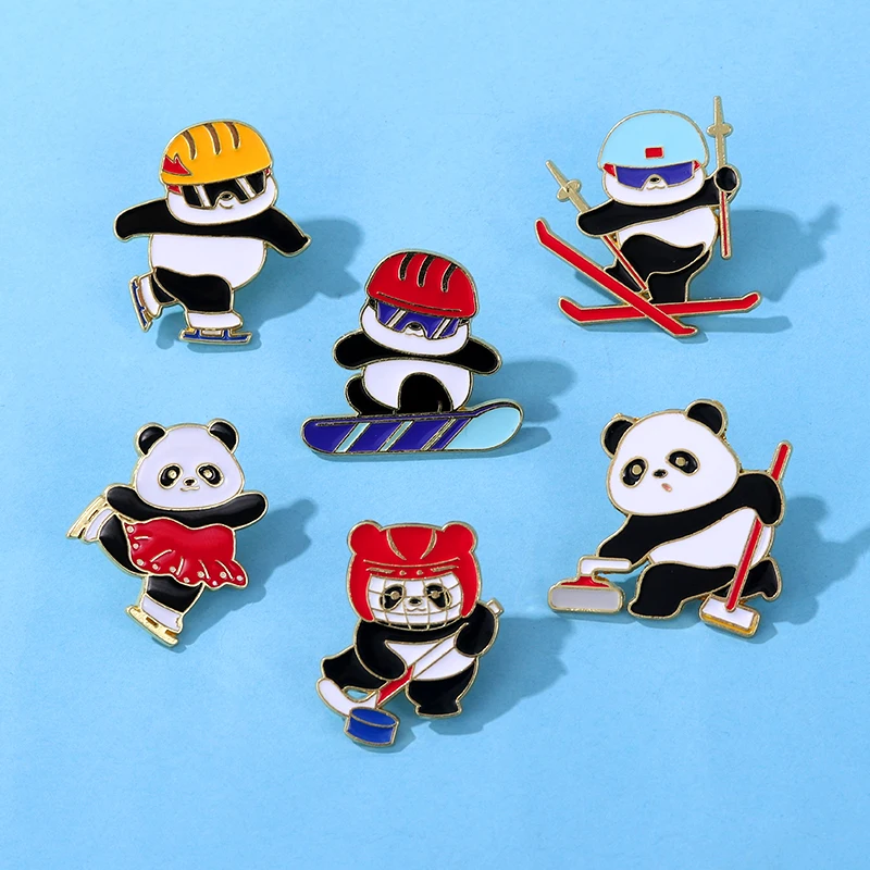 6 Styles Cute Winter Sports Panda Enamel Pins Fancy Skating Ski Curling Snowboarding Short Track Speed Skating Animal Brooches
