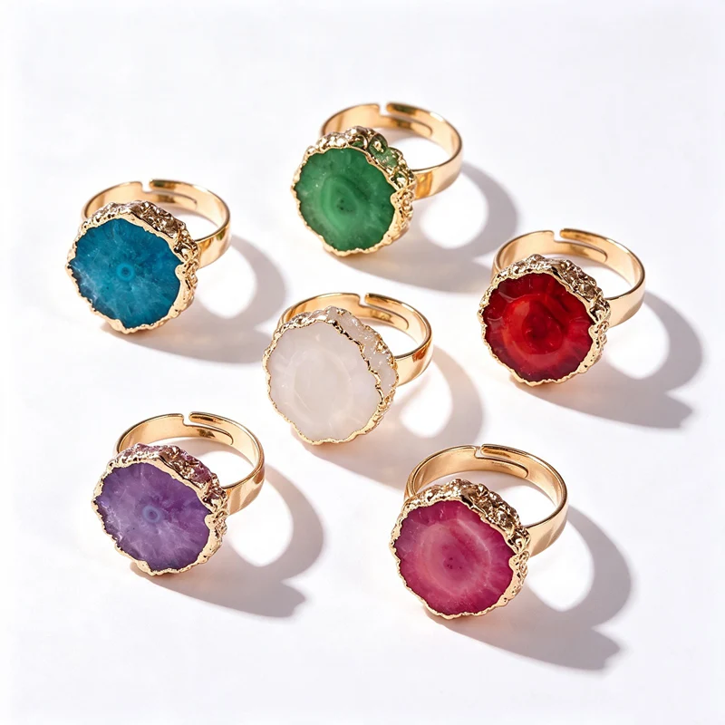 Agate Sunflower Flower Ring Natural Gemstone Ring Women Boho Jewelry Adjustable Copper Finger Ring Colorful Stone Gift